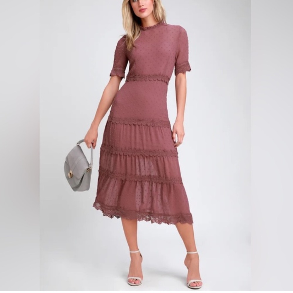 Lulus Dreaming Of You Mauve Swiss Dot Midi Dress